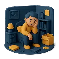 Make a 3D icon of a tired person sitting inside a poorly arranged room looking sad soft shadows clay style navy and yellow tones transparent background