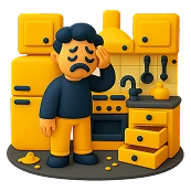 make a 3D icon of a frustrated person standing in a messy outdated kitchen broken drawers tired expression clay style transparent background navy yellow theme