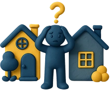 make a 3D icon of a house split into two styles — one lively one dull — person standing confused in between clay 3D transparent background navy and yellow color style
